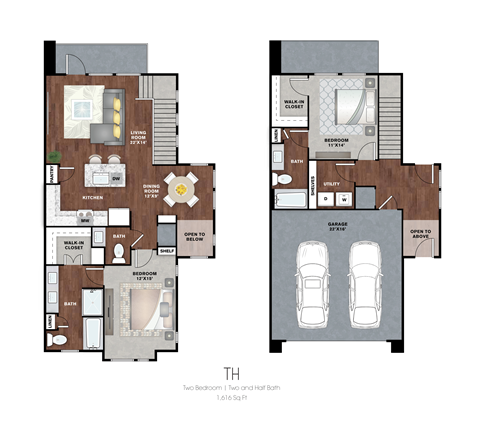 Floor plan for 2 beds, 2.5 baths, 1616 sqft